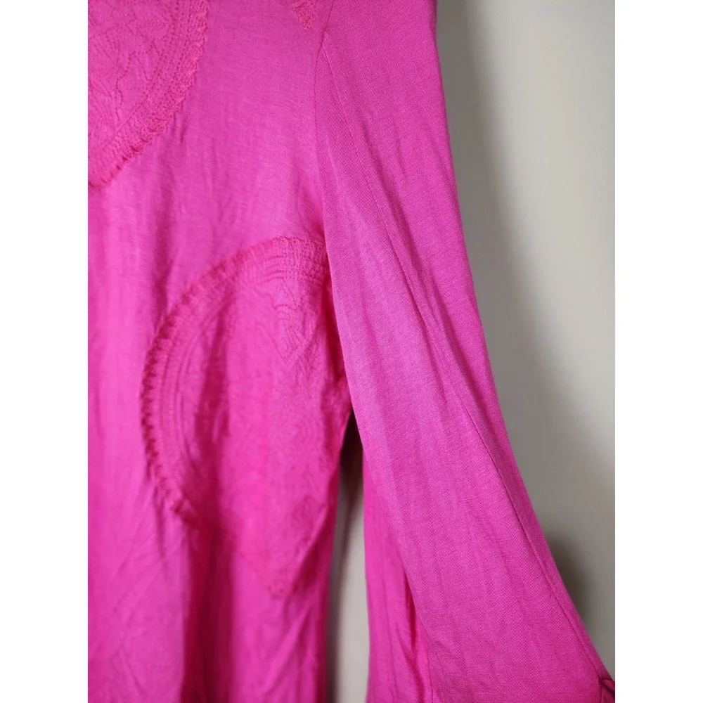 Pink Long Sleeve Top Bell Sleeve‎ Crochet Details Women's Blouse